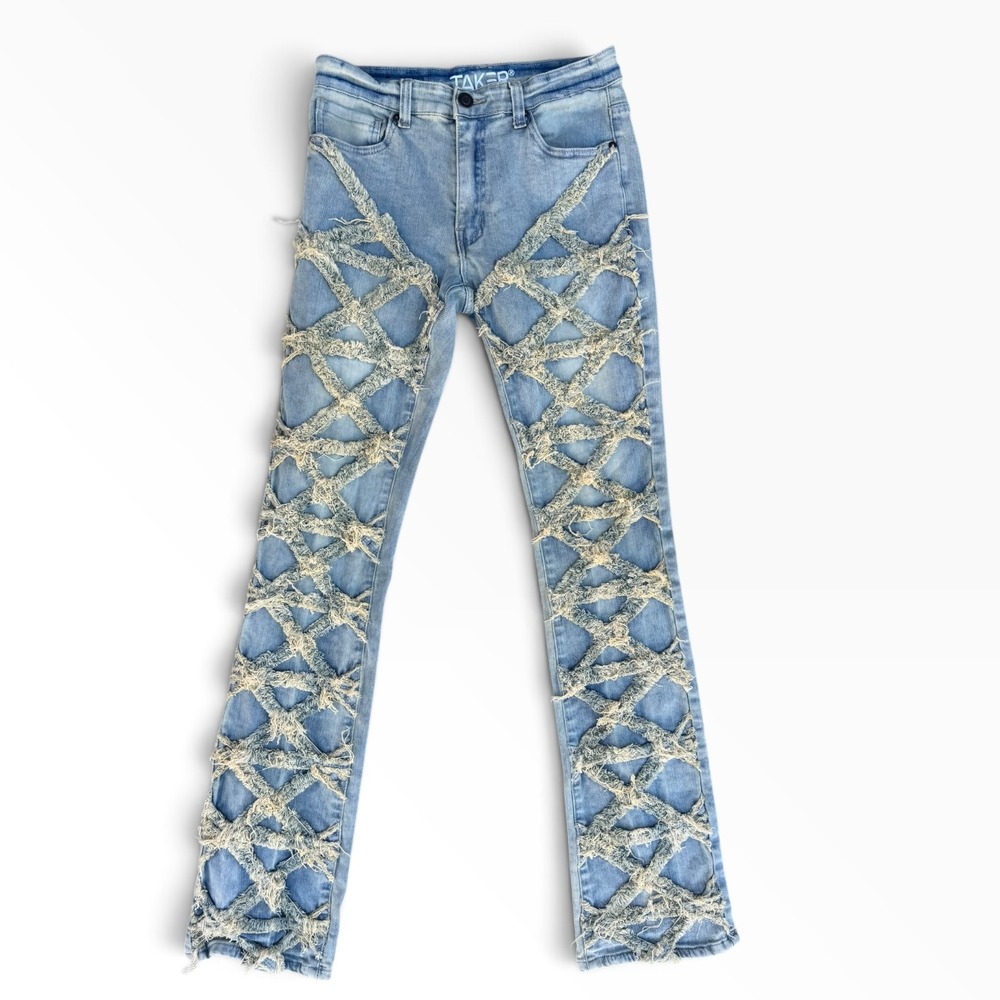 Taker Mens Light Wash Distressed Lattice Overlay Denim Jeans 30x36 Streetwear